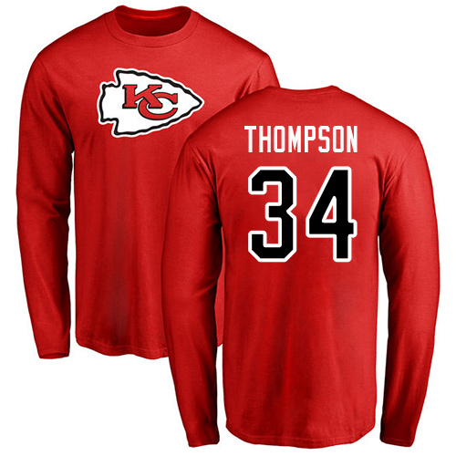 Men Kansas City Chiefs #34 Thompson Darwin Red Name and Number Logo Long Sleeve T-Shirt